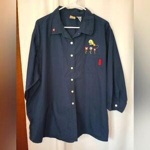 Warner Bros Looney Tunes Tweety Bird Embroidered Button Shirt Womens 26W/28W